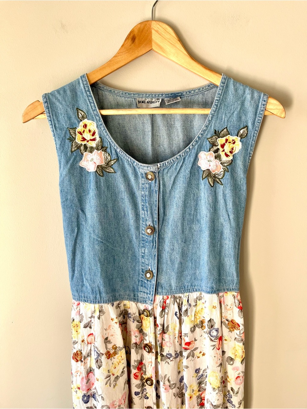 VTG Jane Ashley Blue Denim Top Floral Print Midi Dress Size Medium - 90's Boho - Picture 6 of 12